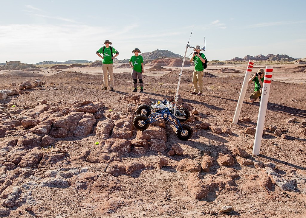 University Rover Challenge Rover climbs hill above Mars Desert Research Station in Mars Society University Rover Challenge
