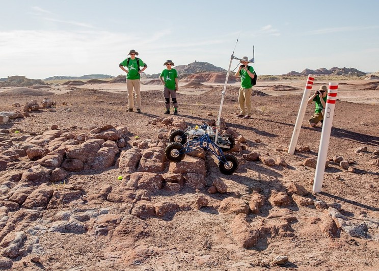 University Rover Challenge Rover climbs hill above Mars Desert Research Station in Mars Society University Rover Challenge
