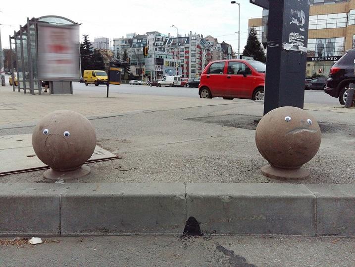 Street boulders with googly eyes