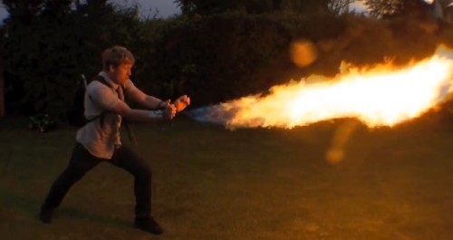 Mad inventor does it again with terrifying wrist mounted flame-thrower