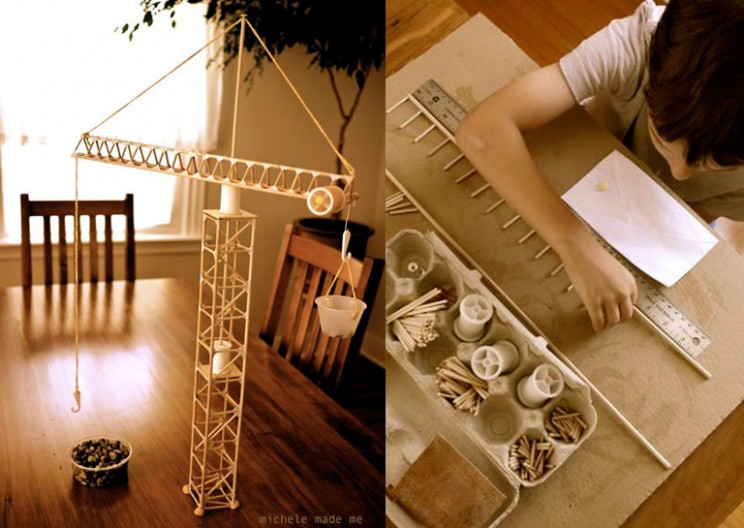 Mom and 6-Year-Old Build Ingenious Tower Crane from Sticks and Thread Spools