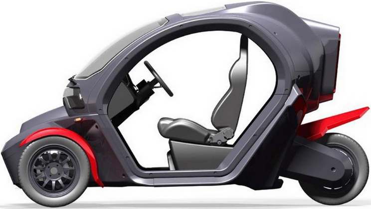 A red and grey prototype of an unnamed three-wheeled electric vehicle by Kalashnikov.
