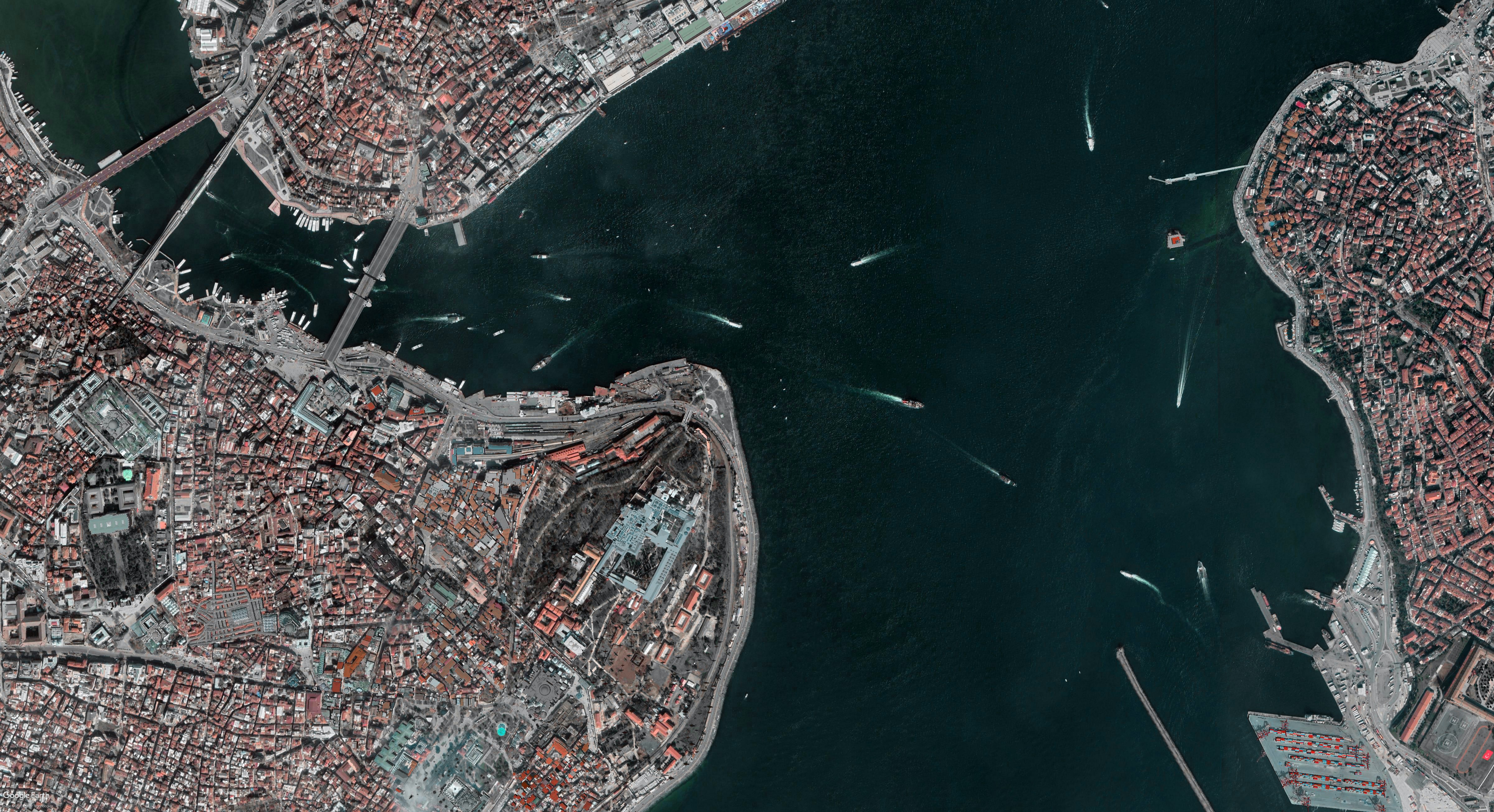 Ships cross the water in this aerial view of the Bosphorus near the Golden Horn