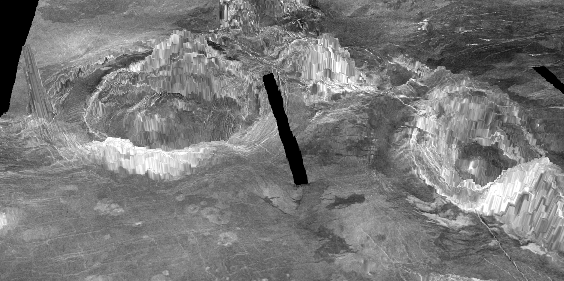 Laurent Montési/University of Maryland The 3D rendition above shows two coronae observed on the surface of Venus. The ring-like structures are formed when hot material from deep inside the planet rises through the mantle and erupts through the crust. Research by UMD's Laurent Montesi found that at least 37 coronae on Venus represent recent geologic activity, including the one named Aramaiti, seen on the left in this image. The black line represents a gap in data.