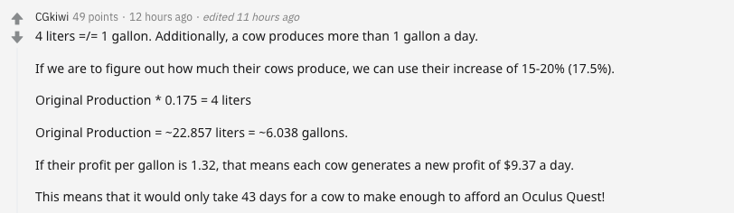 Redditors Debate How Much Milk a Cow Needs to Produce to Afford a VR Headset Redditors Debate How Much Milk a Cow Needs to Produce to Afford a VR Headset