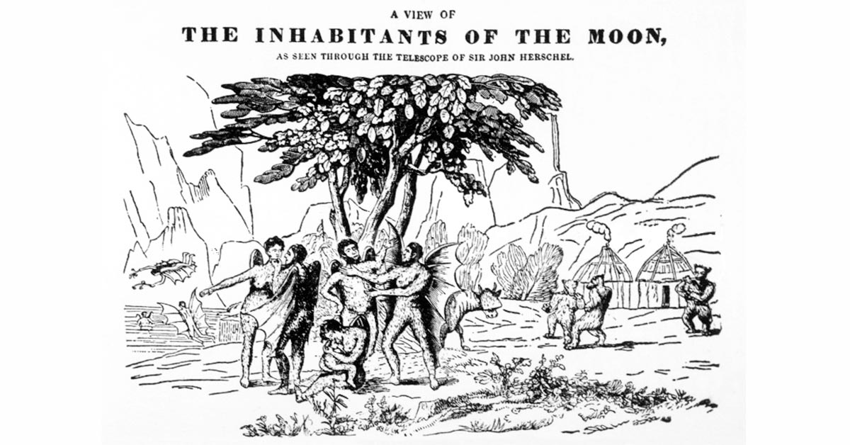 A Lithograph Of A Man Bats On The Moon In A British Pamphlet A Lithograph Of A Man Bats On The Moon In A British Pamphlet