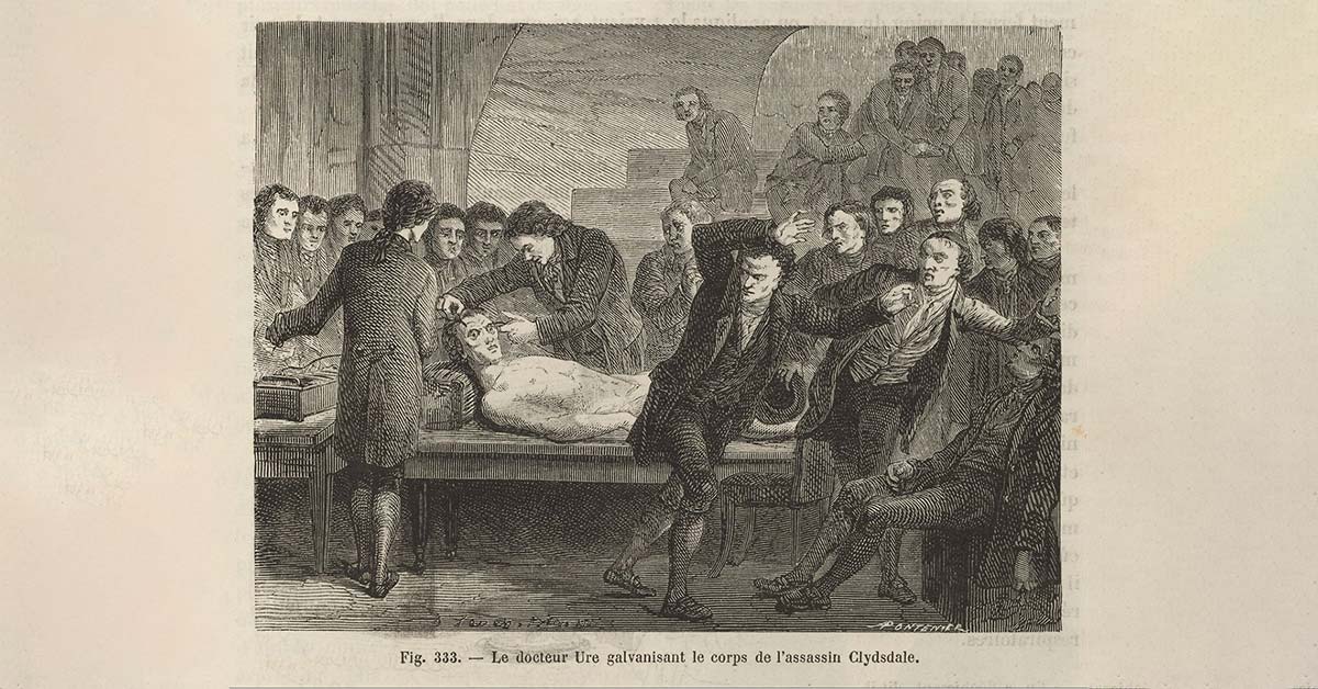 Doctor Ure 'galvanizing' the body of an assassin named Clydesdale in an attempt to reanimate the corpse.