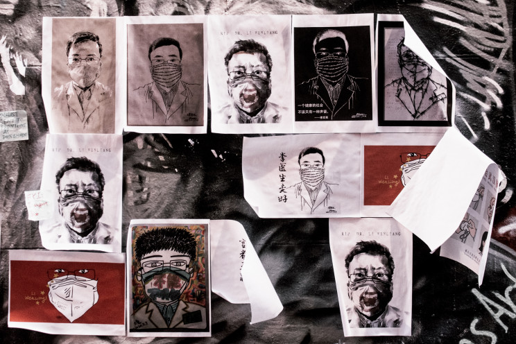 Rest In Peace posters of Dr. Li Wenliang, one of the early whistle blowers of COVID-19