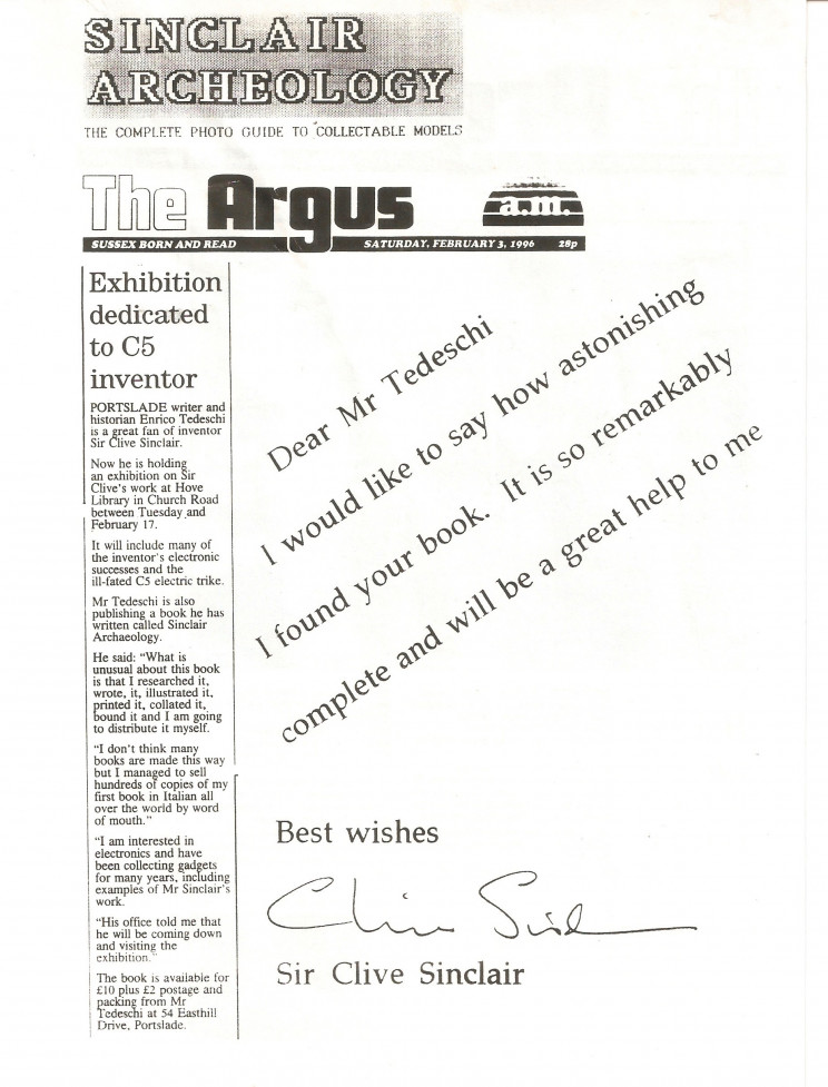 Enrico Tedeschi, Sir Clive Sinclair recognition to Tedeschi in The Argus newspaper