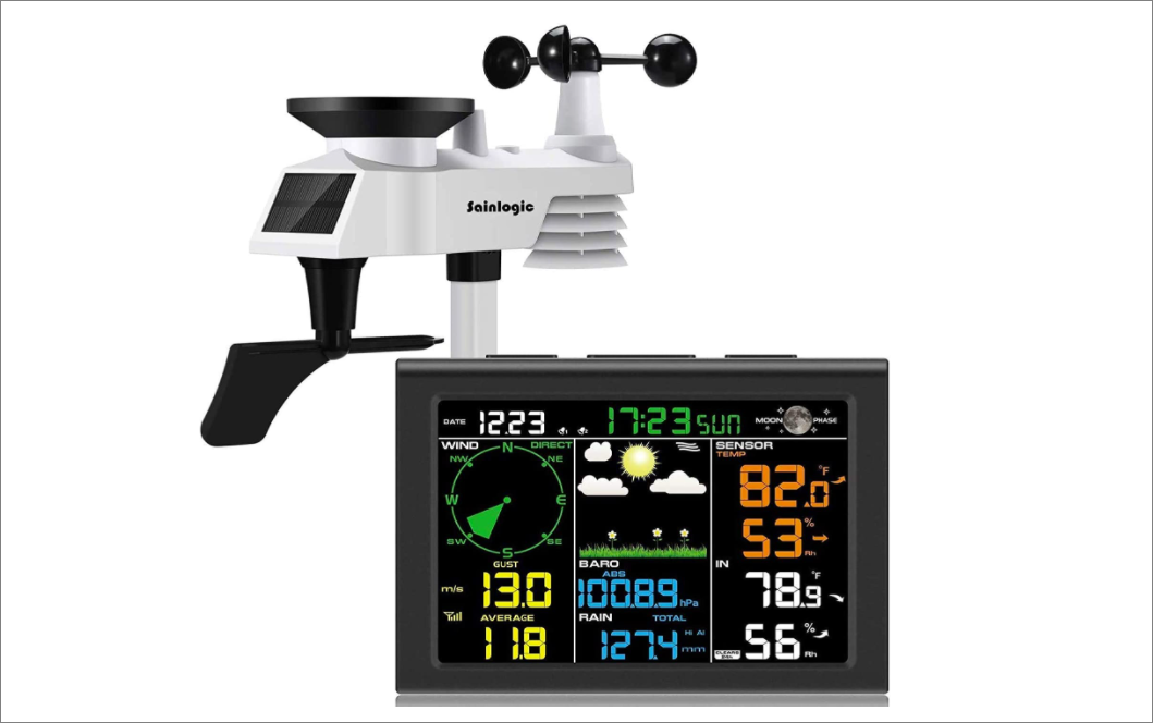 Sainlogic Weather Station black weather station displaying weather data