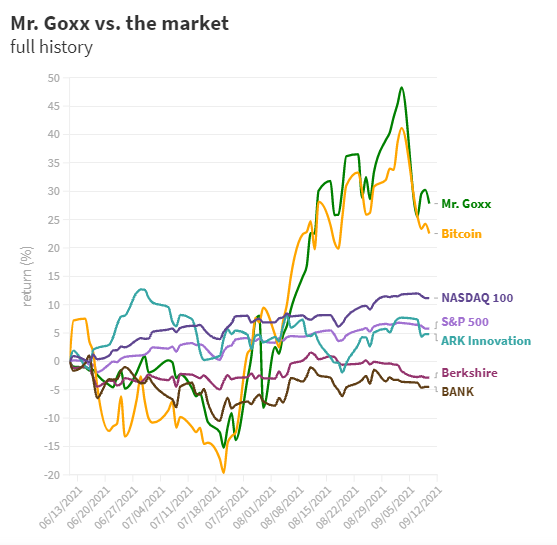 Mr. Goxx is outstripping major indices like the S&P 500 and NASDAQ 100. Mr. Goxx performance recorded by Protos