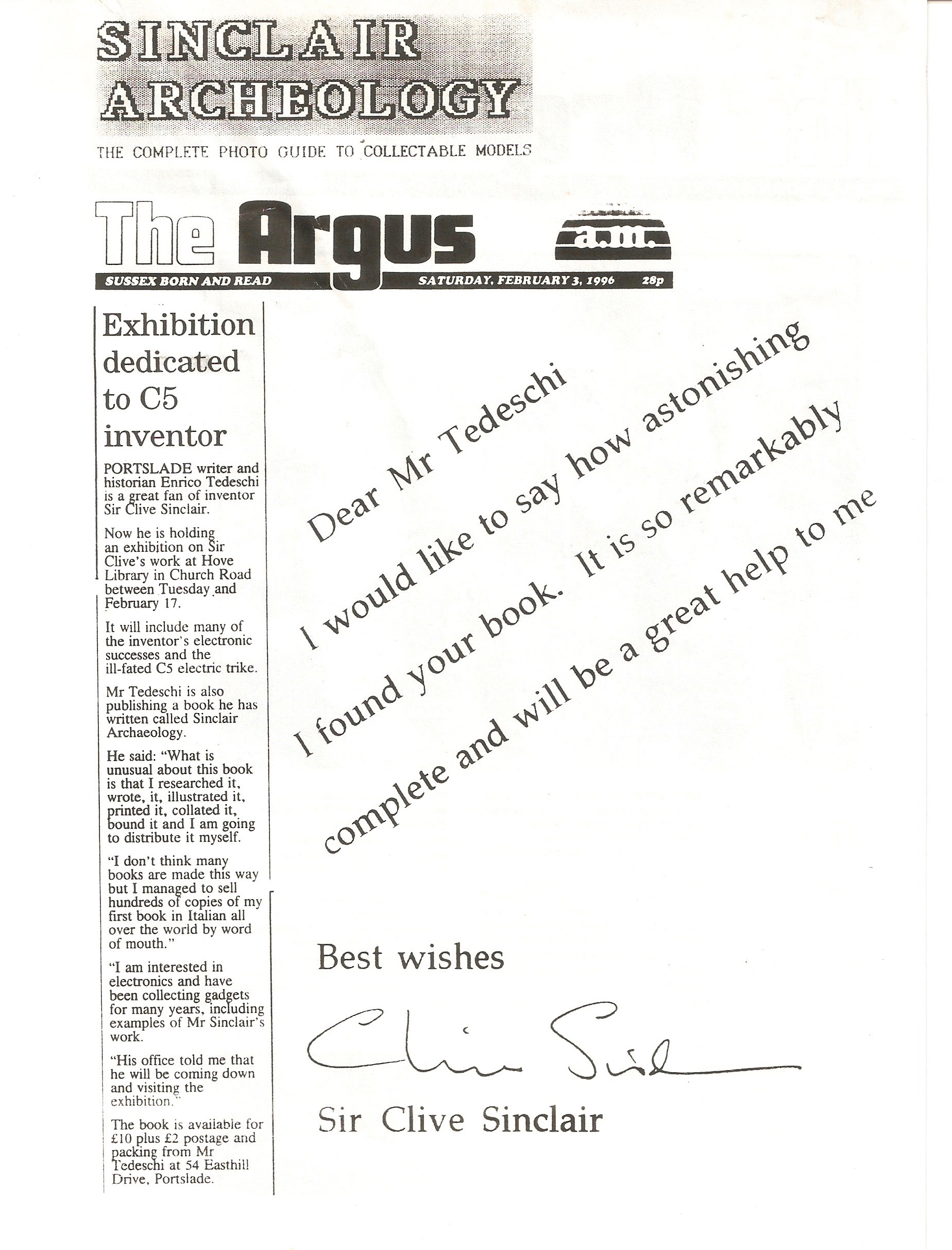 Sir Clive Sinclair recognition to Enrico Tedeschi