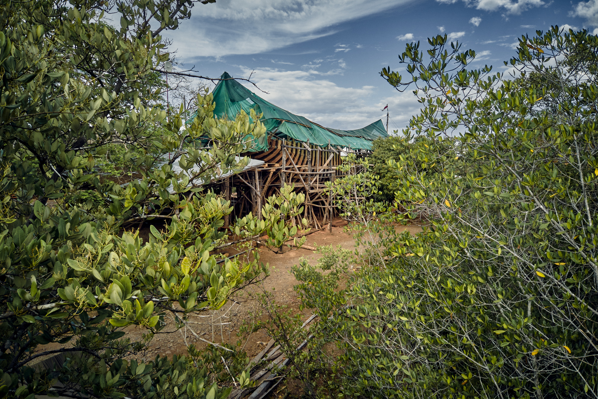 The Ceiba shipyard peers through the Costa Rican jungle, covered in a teal tarp.