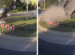 Car Slams Into Roundabout, Flies Through the Air, Lands in a Graveyard